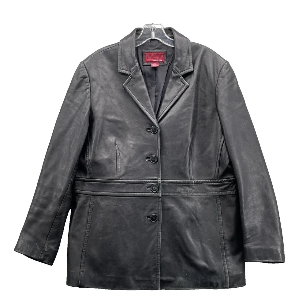 Merona 100% Leather Jacket Womens XL Long Coat Corpcore 90's Minimalist Academia